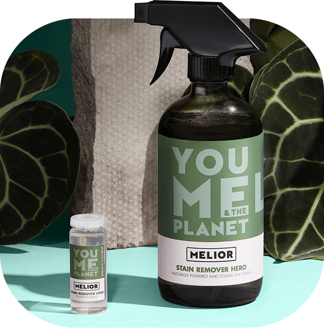 Photo of social enterprise Melior's spray and concentrate bottle of the “Stain Remover Hero” product. Both products feature sage green label design with “You, Me and the Planet” text.